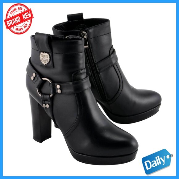 Synthetic Leather Ankle Boots Block Heel Harness Design Side Zipper Anti-Slip